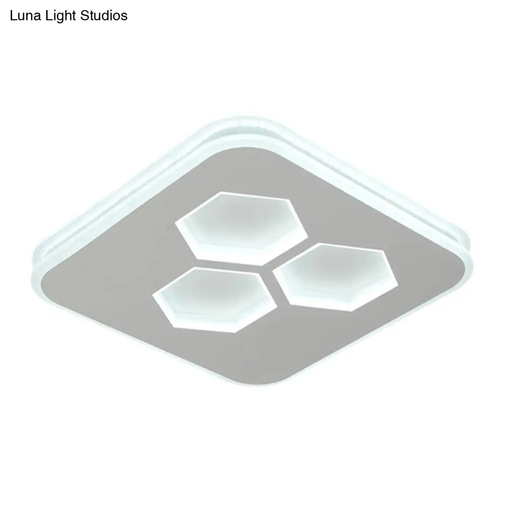 Modern Square Led White Flush Mount Ceiling Light With Acrylic Cover And Hexagon Design