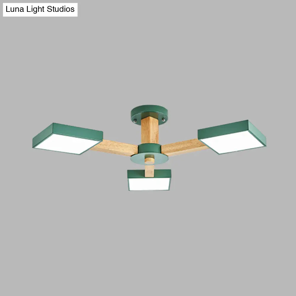 Modern Square Wood Semi Flush Mount Ceiling Lamp With 3 Radial Green Finish Lights