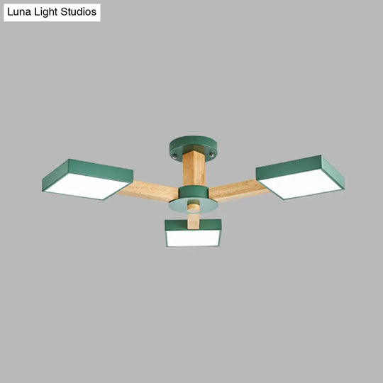 Modern Square Wood Semi Flush Mount Ceiling Lamp With 3 Radial Green Finish Lights