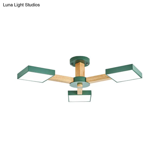 Modern Square Wood Semi Flush Mount Ceiling Lamp With 3 Radial Green Finish Lights