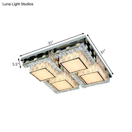 Modern Stainless-Steel Led Ceiling Light With Crystal Blocks - Rectangle/Square Shape White Cubic