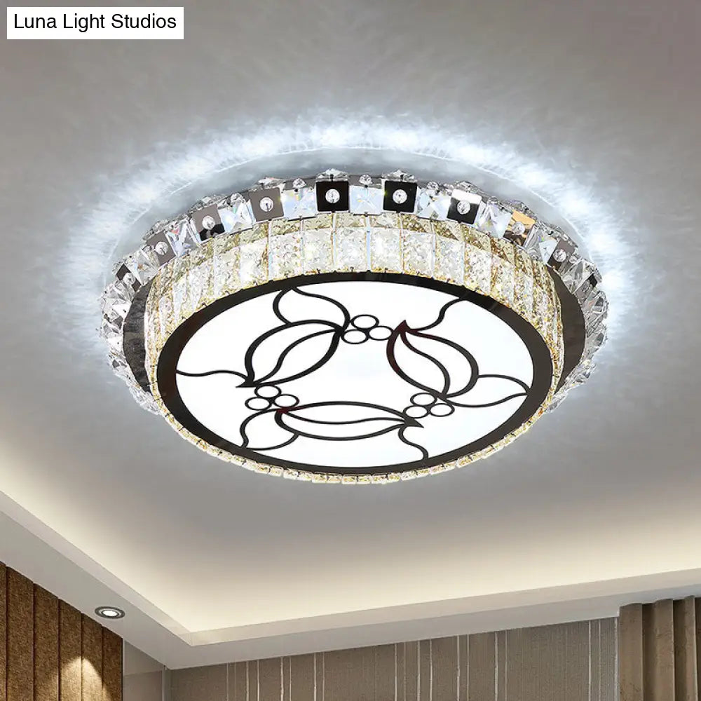 Modern Stainless Steel Led Flush Ceiling Lamp With Beveled Crystal Leaf Pattern Stainless-Steel
