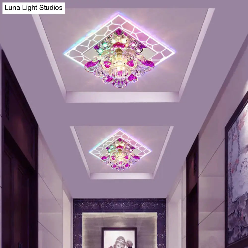Modern Stainless Steel Led Flush Mount Ceiling Light With Clear Flower Crystal Square Spotlight S