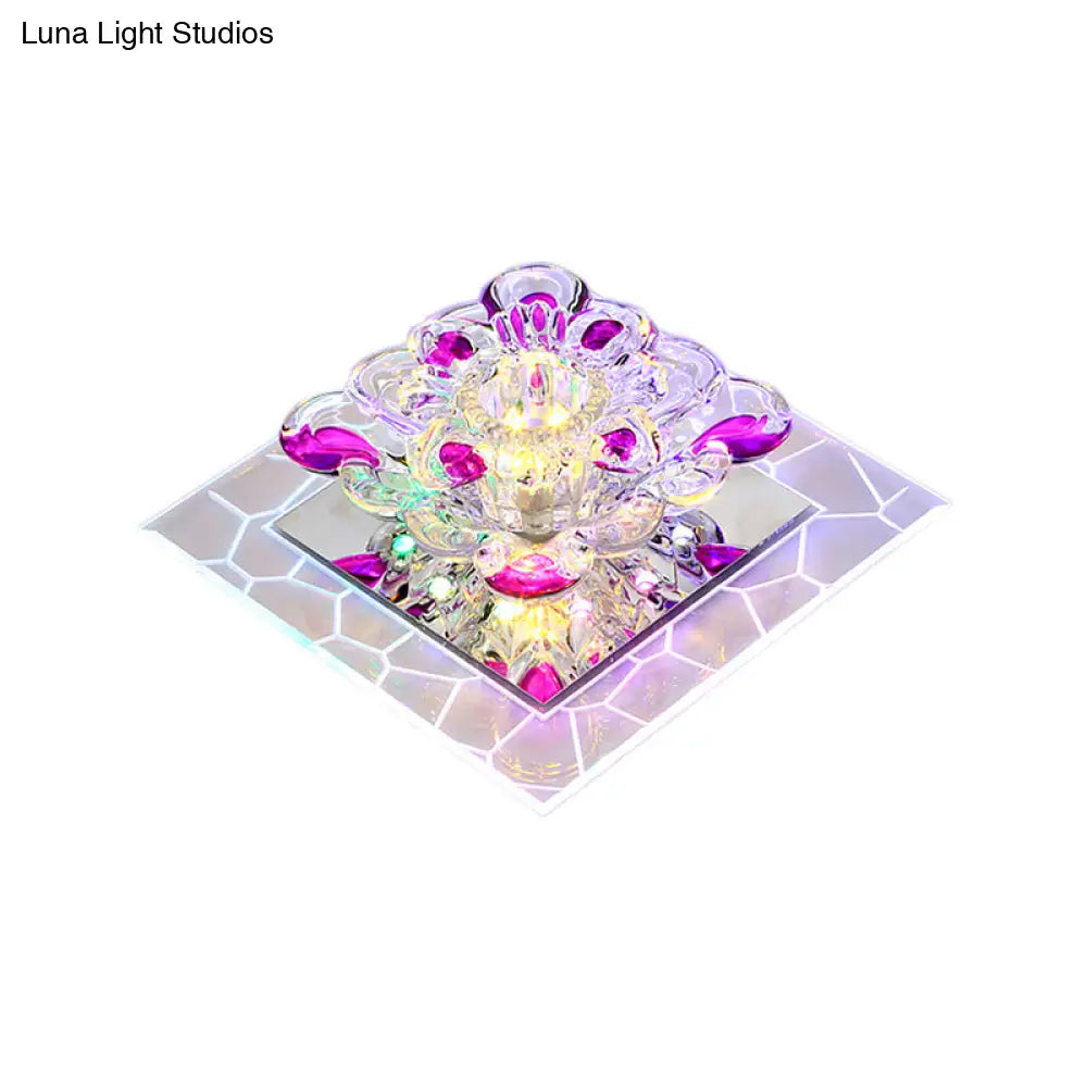 Modern Stainless Steel Led Flush Mount Ceiling Light With Clear Flower Crystal Square Spotlight S