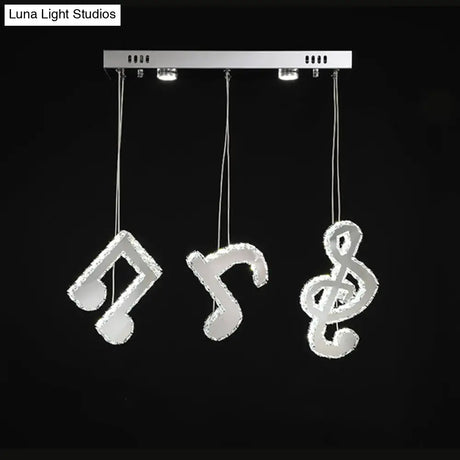 Modern Stainless Steel Led Pendant Light With Clear Crystals And Musical Note Suspension
