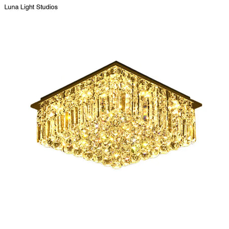Modern Stainless Steel Square Ceiling Light With Clear Bevel Cut Glass - Led Flush Mount For Bedroom