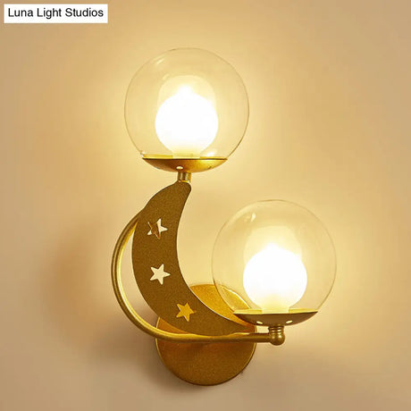 Modern Style Black/Gold Ball Wall Sconce: 2-Light Clear Glass Mount Lamp Kit