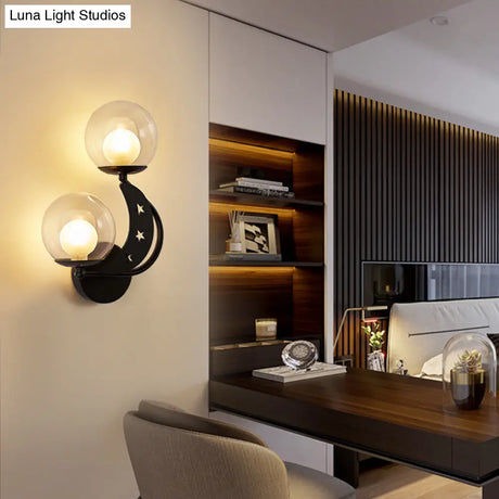 Modern Style Black/Gold Ball Wall Sconce: 2-Light Clear Glass Mount Lamp Kit