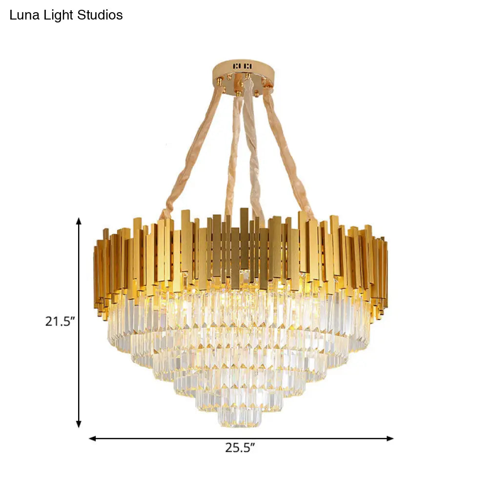 Modern Brass Hanging Light Fixture: Layered Multi-Light Chandelier With Crystal Block