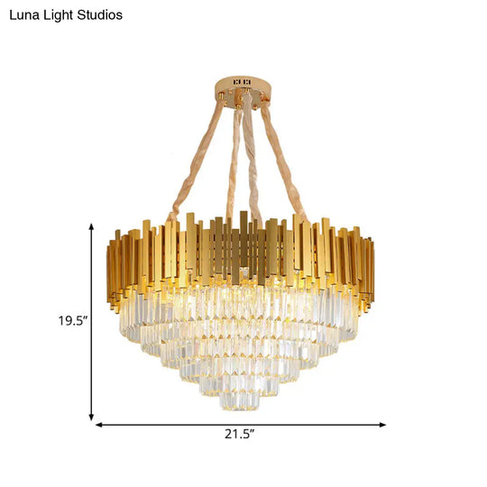 Modern Brass Hanging Light Fixture: Layered Multi-Light Chandelier With Crystal Block