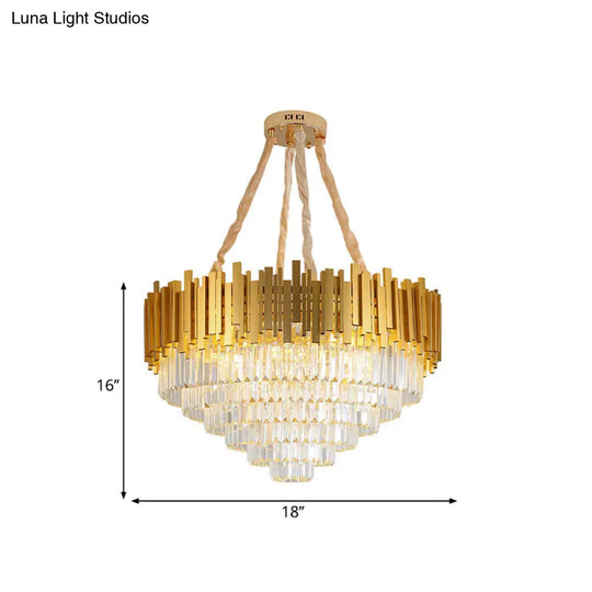 Modern Brass Hanging Light Fixture: Layered Multi-Light Chandelier With Crystal Block