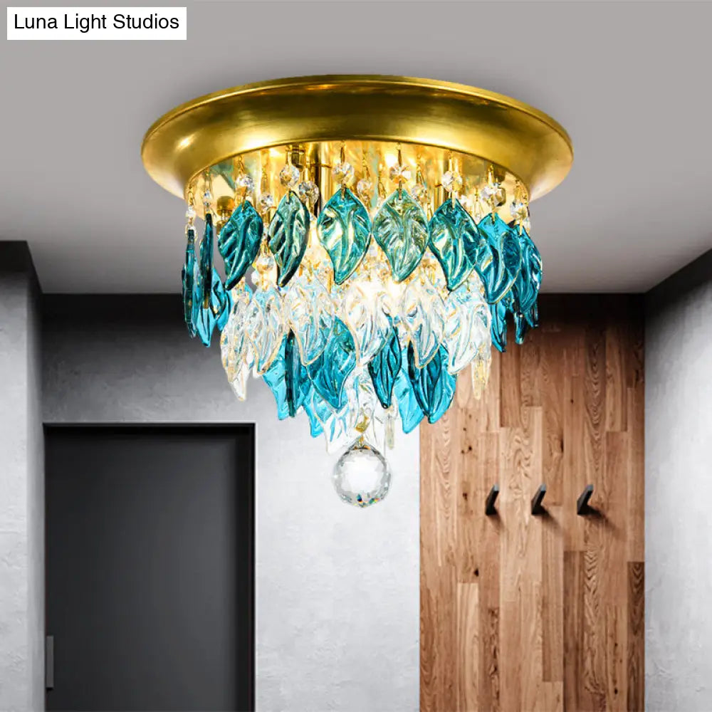 Modern Style Clear And Blue Crystal Flush Mount Lamp - Gold Ceiling Light With 4 Bulbs For Sleeping