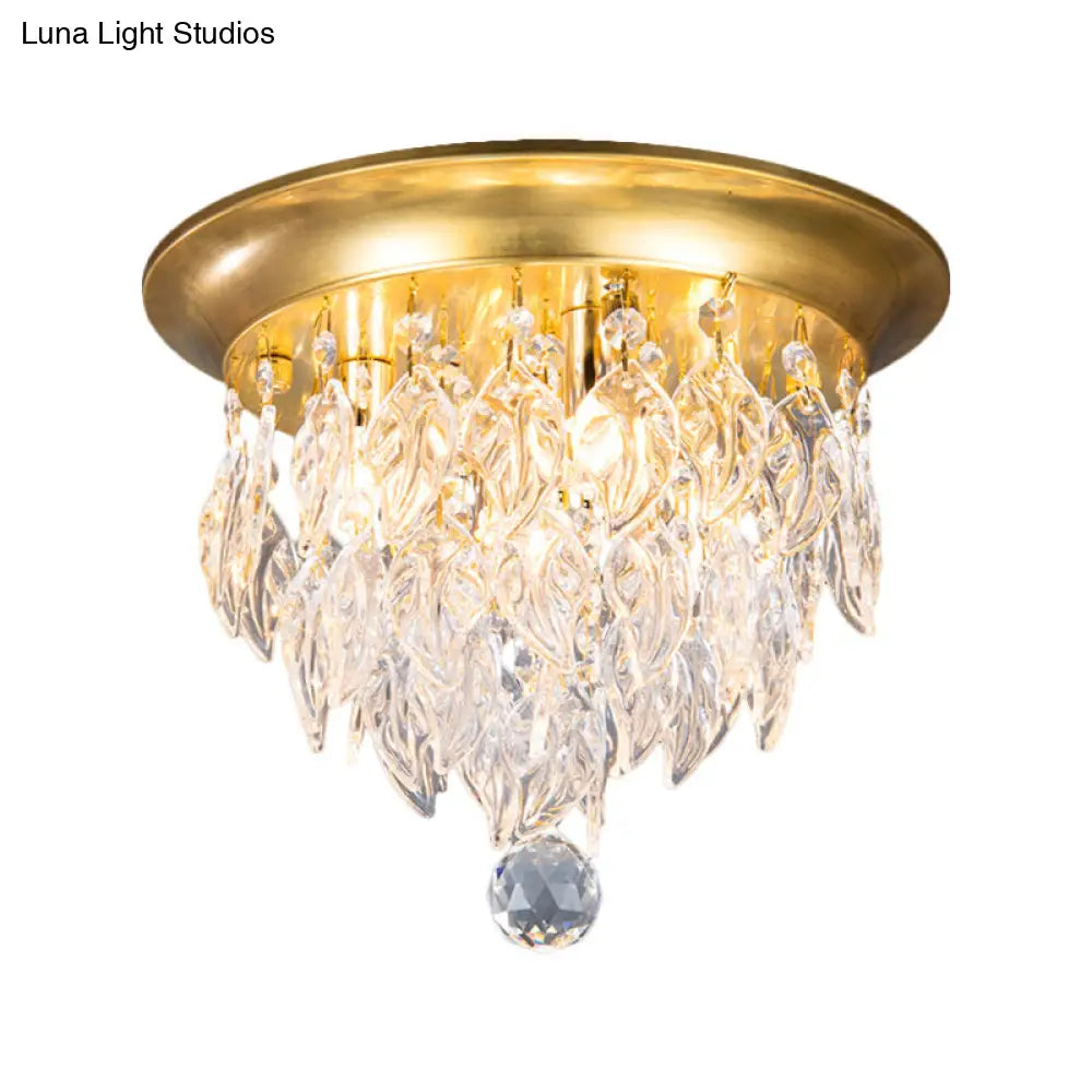 Modern Style Clear And Blue Crystal Flush Mount Lamp - Gold Ceiling Light With 4 Bulbs For Sleeping
