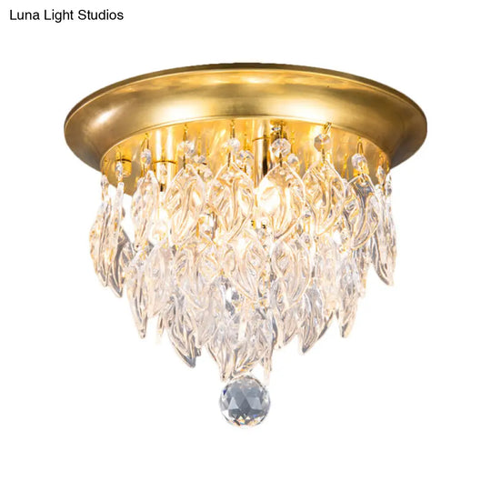 Modern Style Clear And Blue Crystal Flush Mount Lamp - Gold Ceiling Light With 4 Bulbs For Sleeping
