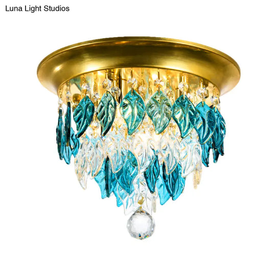 Modern Style Clear And Blue Crystal Flush Mount Lamp - Gold Ceiling Light With 4 Bulbs For Sleeping