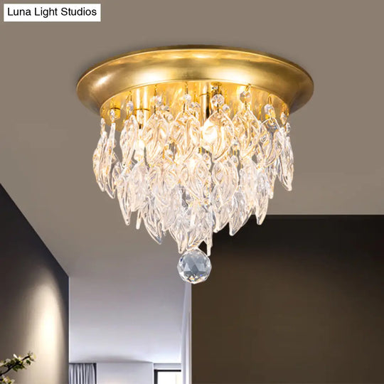 Modern Style Clear And Blue Crystal Flush Mount Lamp - Gold Ceiling Light With 4 Bulbs For Sleeping