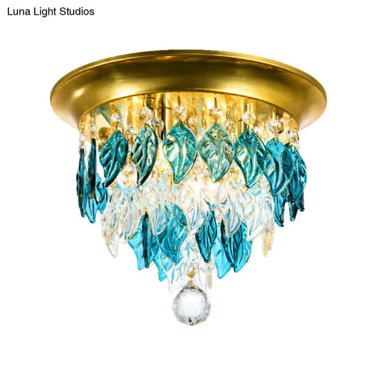 Modern Style Clear And Blue Crystal Flush Mount Lamp - Gold Ceiling Light With 4 Bulbs For Sleeping