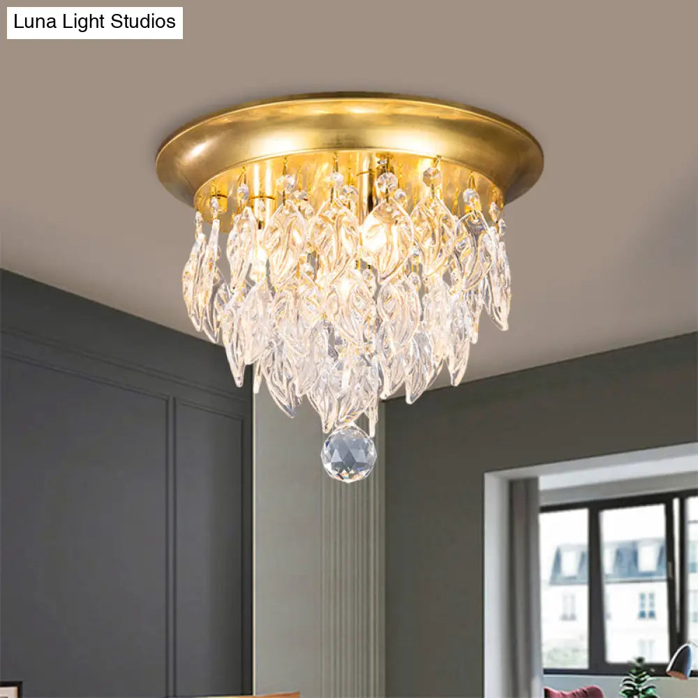 Modern Style Clear And Blue Crystal Flush Mount Lamp - Gold Ceiling Light With 4 Bulbs For Sleeping