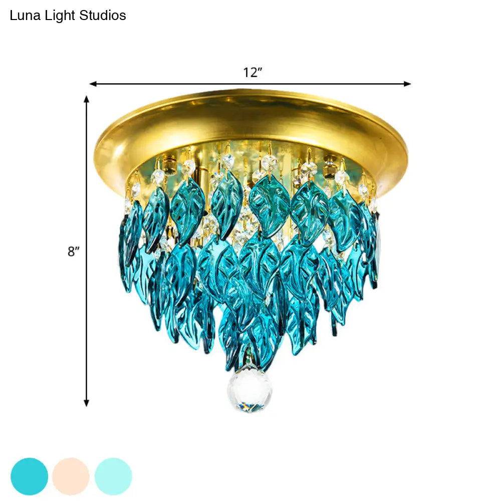 Modern Style Clear And Blue Crystal Flush Mount Lamp - Gold Ceiling Light With 4 Bulbs For Sleeping