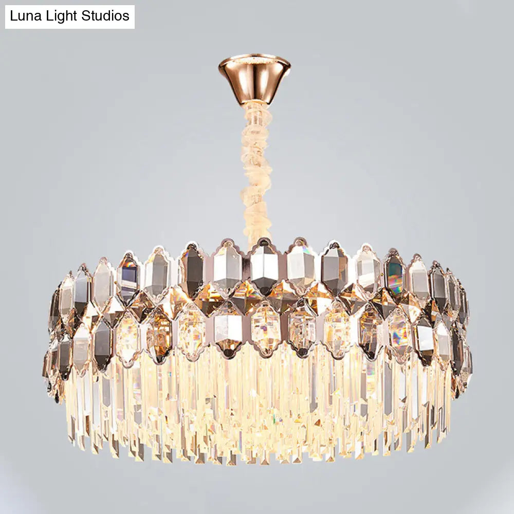 Modern Style Gold Chandelier: Round Ceiling Pendant With Clear Crystal Prisms 12 Lights