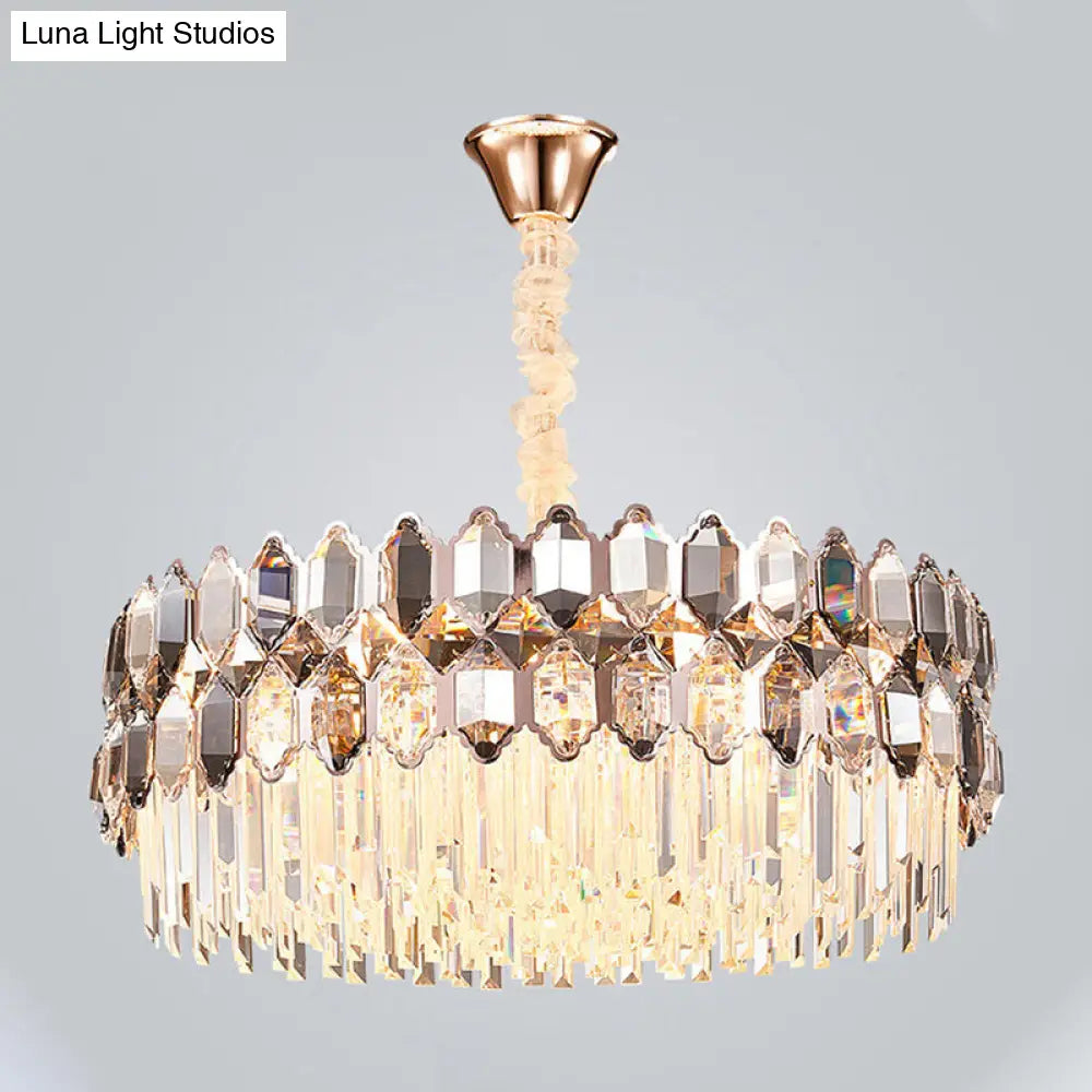 Modern Round Crystal Chandelier With 12 Gold Lights & Clear Prisms