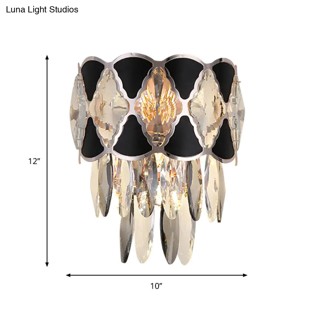 Modern Surface Wall Lamp Fixture - Cut Crystal Ovals Sconce Light With Black Finish Tapered 3 Heads