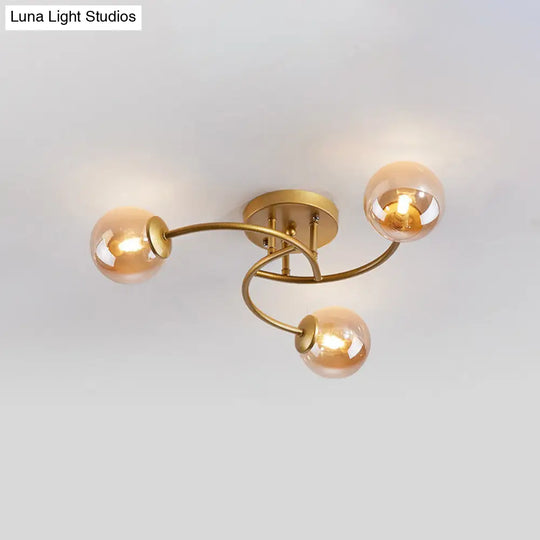 Modern Swirled Metal Semi Flush Ceiling Light With Glass Ball Shade 3 / Gold Cognac