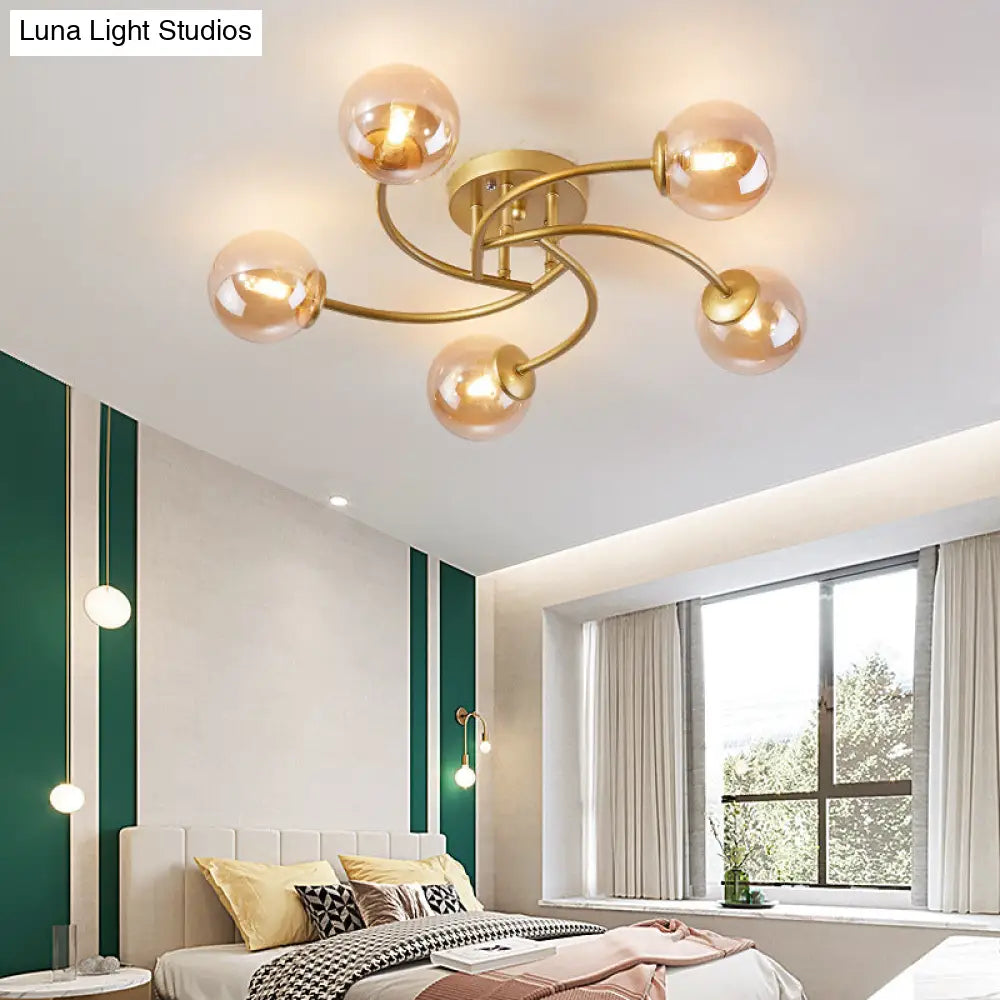 Modern Swirled Metal Semi Flush Ceiling Light With Glass Ball Shade