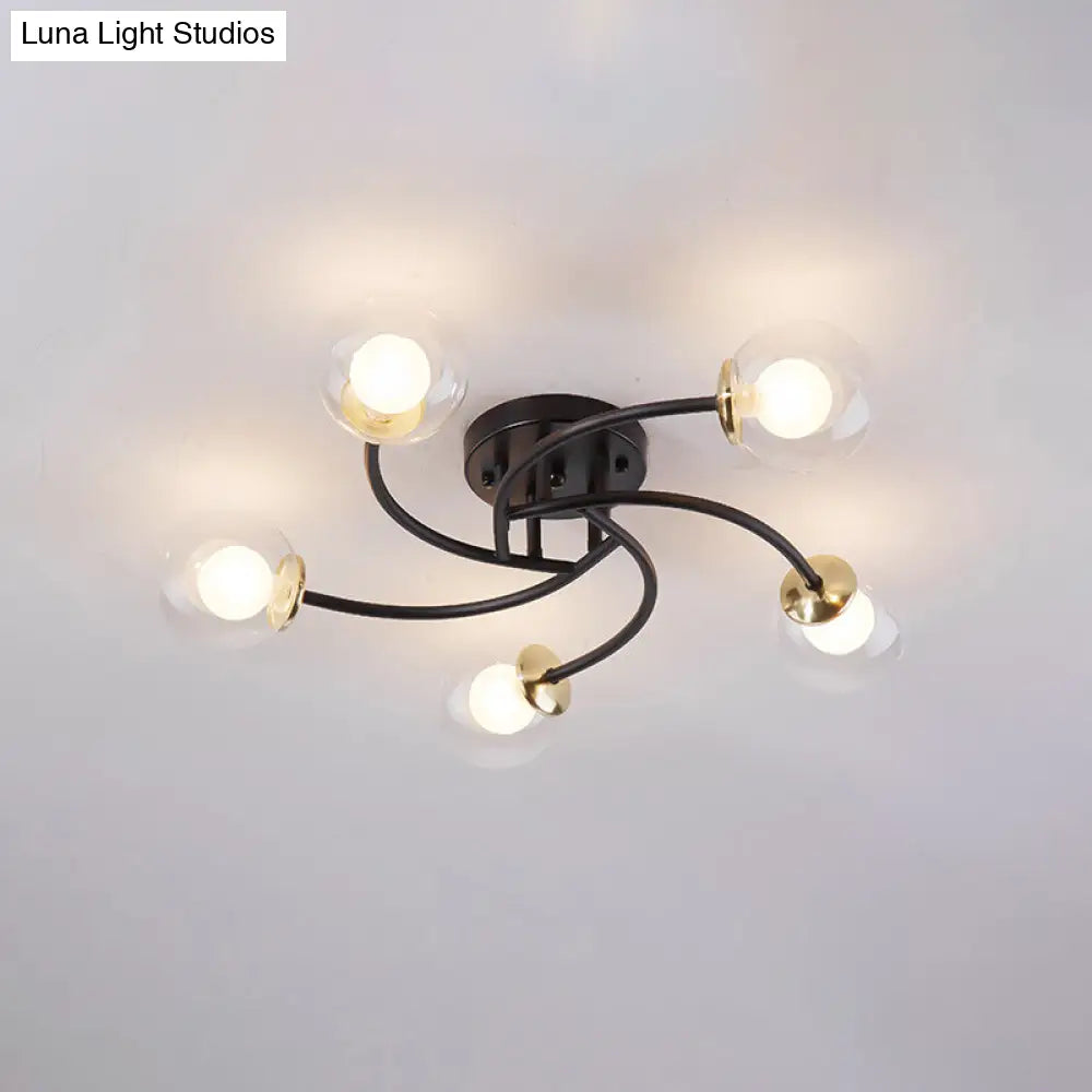 Modern Swirled Metal Semi Flush Ceiling Light With Glass Ball Shade 5 / Black Clear