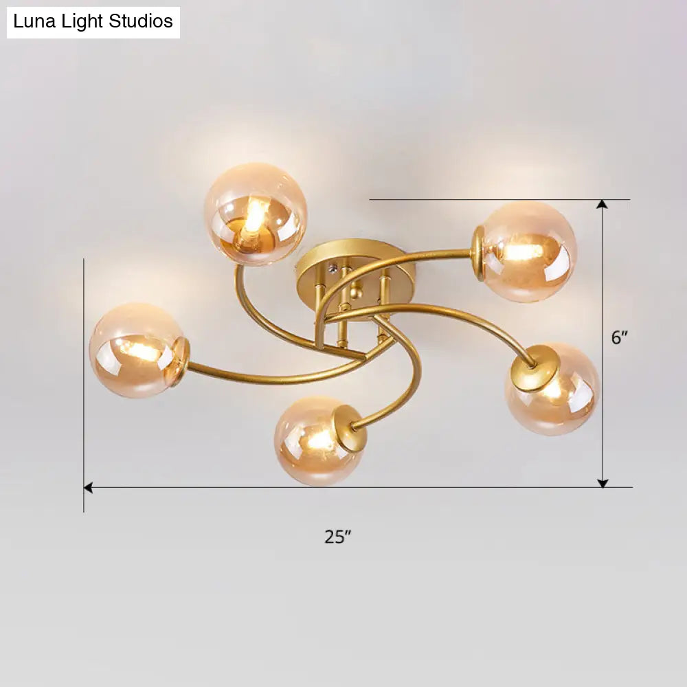 Modern Swirled Metal Semi Flush Ceiling Light With Glass Ball Shade