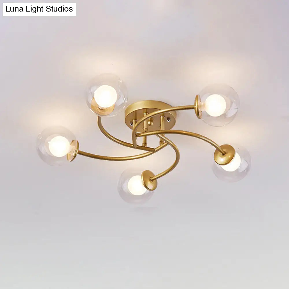 Modern Swirled Metal Semi Flush Ceiling Light With Glass Ball Shade 5 / Gold Clear