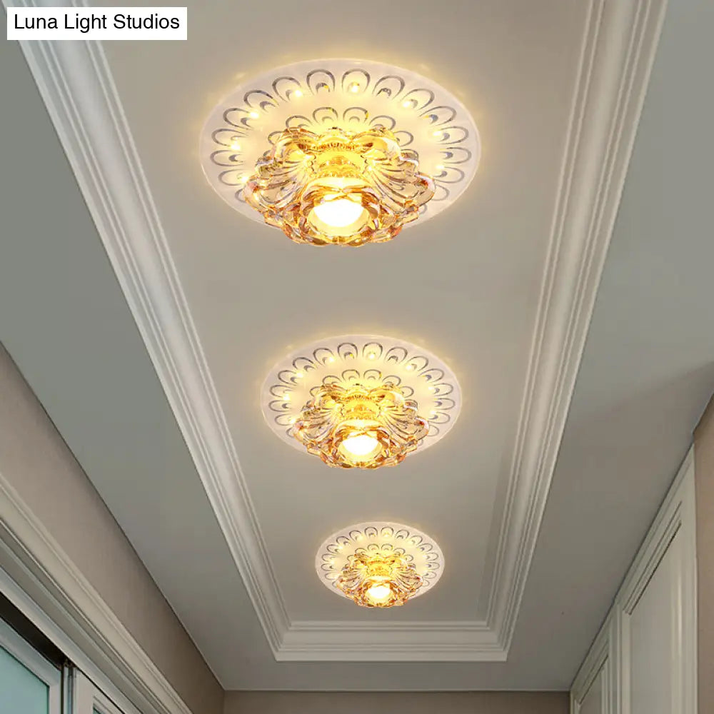 Modern Tan Crystal Flower Led Ceiling Light Fixture - White Flush Mount / Warm