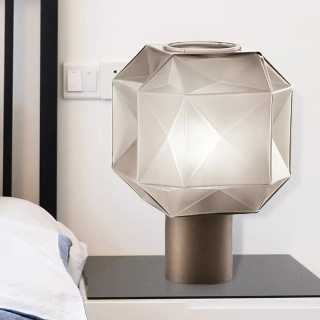 Modern Tan Glass Table Lamp With Geometric Design And Metal Base - Nightstand Light