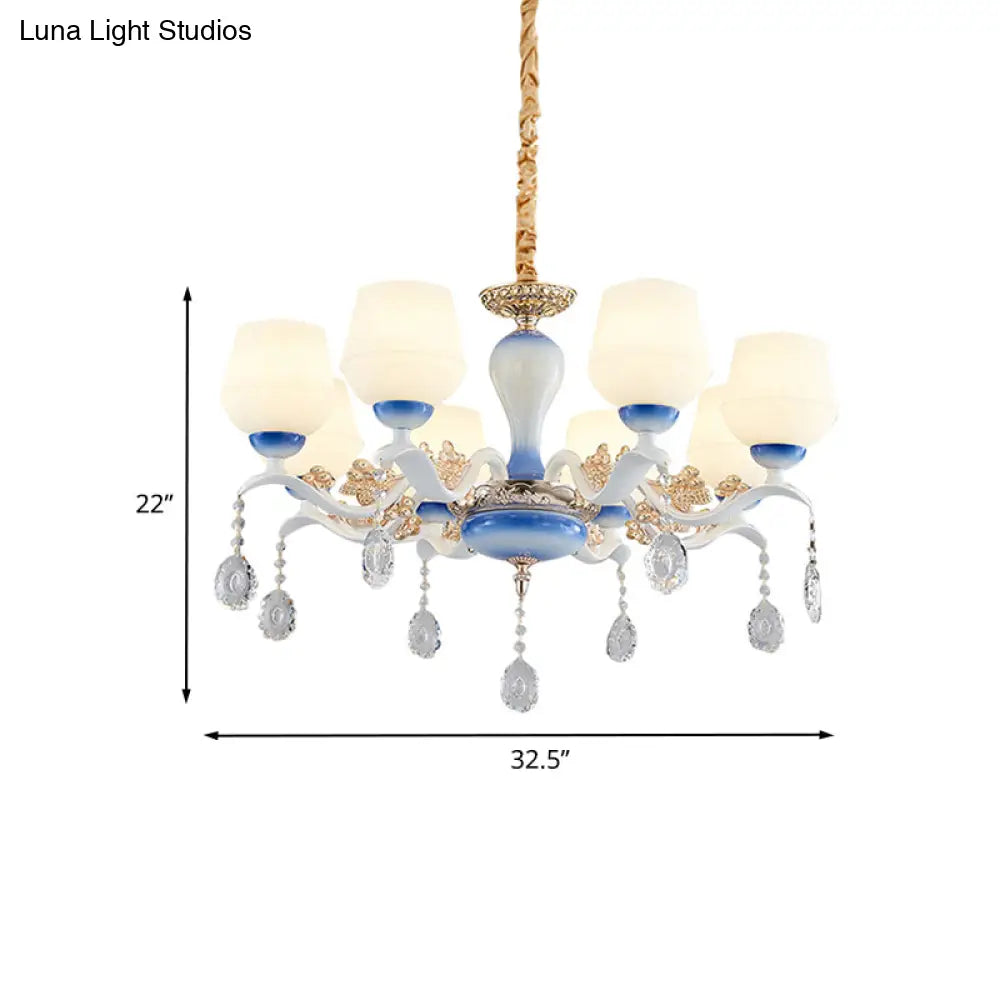 Modern Tapered Pendant Chandelier - 8 Bulbs Ivory Glass Crystal Suspension Light (Blue/White)