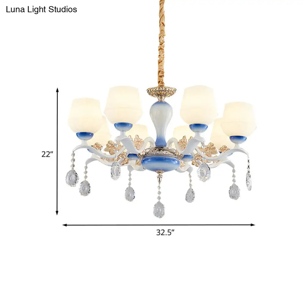 Modern Tapered Pendant Chandelier With 8 Bulbs Ivory Glass Crystal Suspension Light In Blue & White