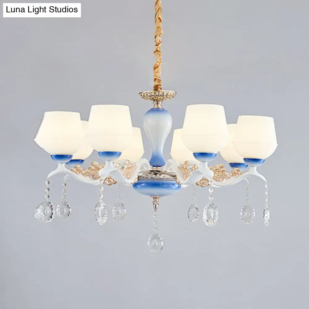 Modern Tapered Pendant Chandelier With 8 Bulbs Ivory Glass Crystal Suspension Light In Blue & White