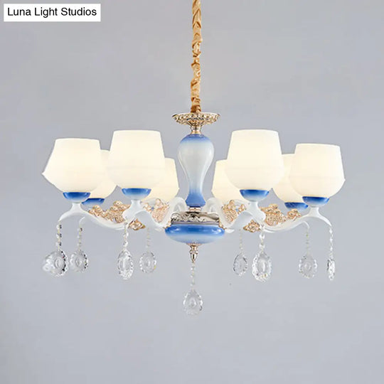 Modern Tapered Pendant Chandelier With 8 Bulbs Ivory Glass Crystal Suspension Light In Blue & White