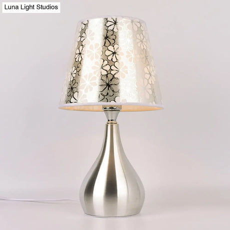 Modern Tapered Table Lamp - Single Nickel Nightstand Light With Stylish Fabric Shade