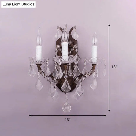 Modern Teardrop Crystal Candelabra Sconce Light - White Wall Mount With Rust Backplate (3 Lights)