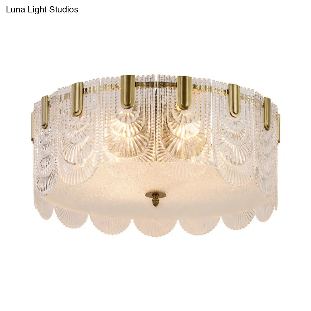 Modern Textured Glass Scalloped Ceiling Lamp With 6 Bulbs Brass Finish - Flush Mount Recessed