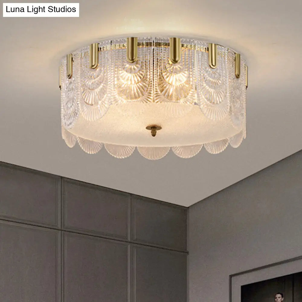 Modern Textured Glass Scalloped Ceiling Lamp With 6 Bulbs Brass Finish - Flush Mount Recessed