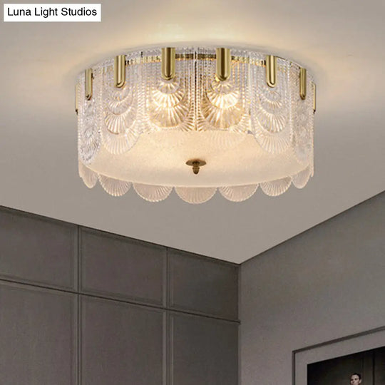Modern Textured Glass Scalloped Ceiling Lamp With 6 Bulbs Brass Finish - Flush Mount Recessed