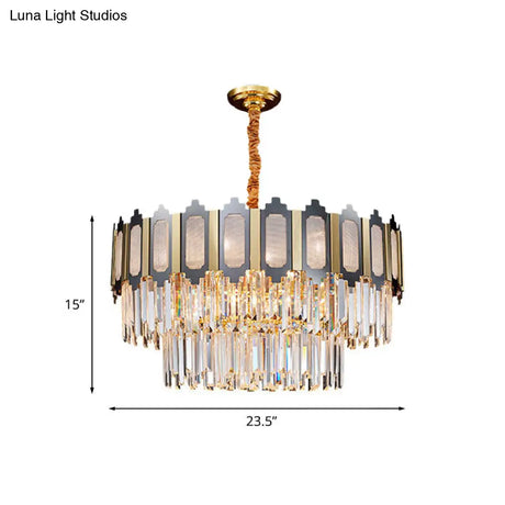 Modern Tiered Bedroom Chandelier Lamp With Clear Crystal 10 Heads Black & Gold Pendant