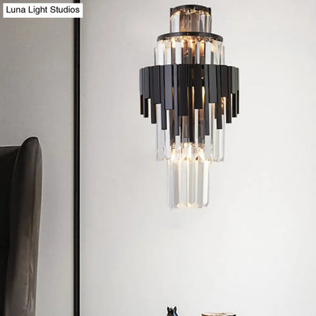 Modern Tiered Sconce Wall Lamp With Clear Crystal And Metal 3 Heads 14/19.5 Height