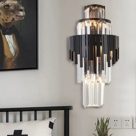 Modern Tiered Sconce Wall Lamp With Clear Crystal And Metal 3 Heads 14/19.5 Height Black / 19.5