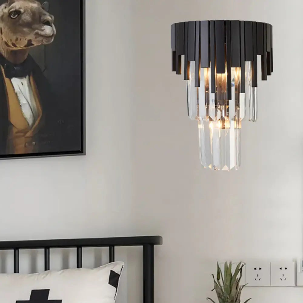Modern Tiered Sconce Wall Lamp With Clear Crystal And Metal 3 Heads 14/19.5 Height Black / 14