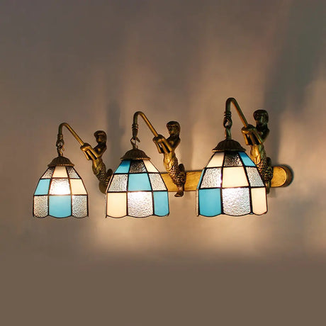 Modern Tiffany Glass Wall Sconce: 3-Head Grid Pattern Light Blue/Green/Clear Dimpled Lighting Clear