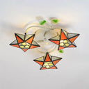 Modern Tiffany Stained Glass Flush Mount Ceiling Light With 3 Star - Shaped Heads In Vibrant
