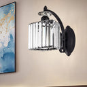 Modern Trapezoid Crystal Wall Light With Curved Arm For Living Room - Black Sconce Lamp