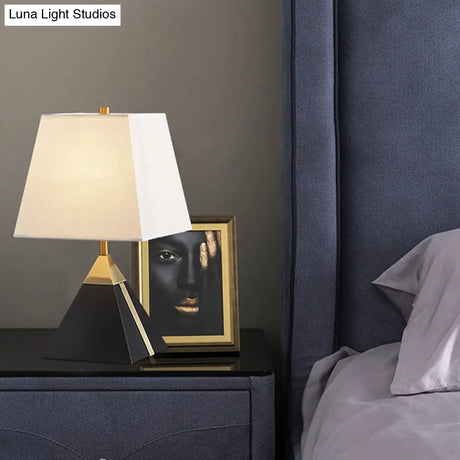Modern Trapezoid Night Table Lamp In White/Flaxen - Light Fabric Sleek Design With Black Pyramid